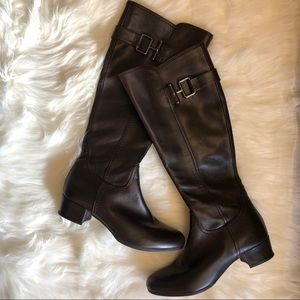 Albano chocolate brown leather boots with buckle